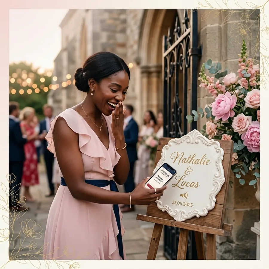 Plaque programme de mariage Linkimy à l’entrée d’une église : une invitée découvre le programme sur son téléphone